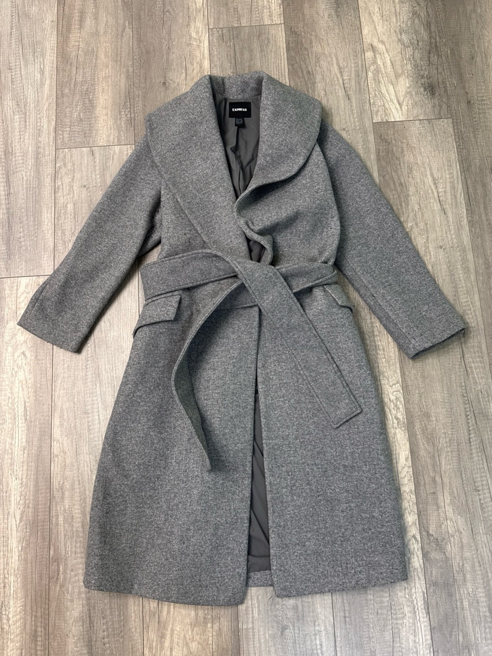 Express Gray Wrap Pea Coat with Shawl Collar and Belt